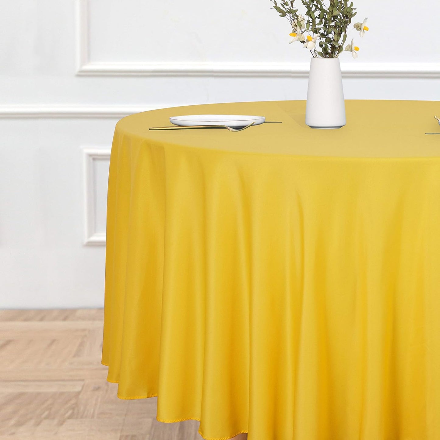 sancua Round Tablecloth - 108 Inch - Water Resistant Spill Proof Washable Polyester Table Cloth Decorative Fabric Table Cover for Dining Tables, Buffet Parties and Camping, Yellow