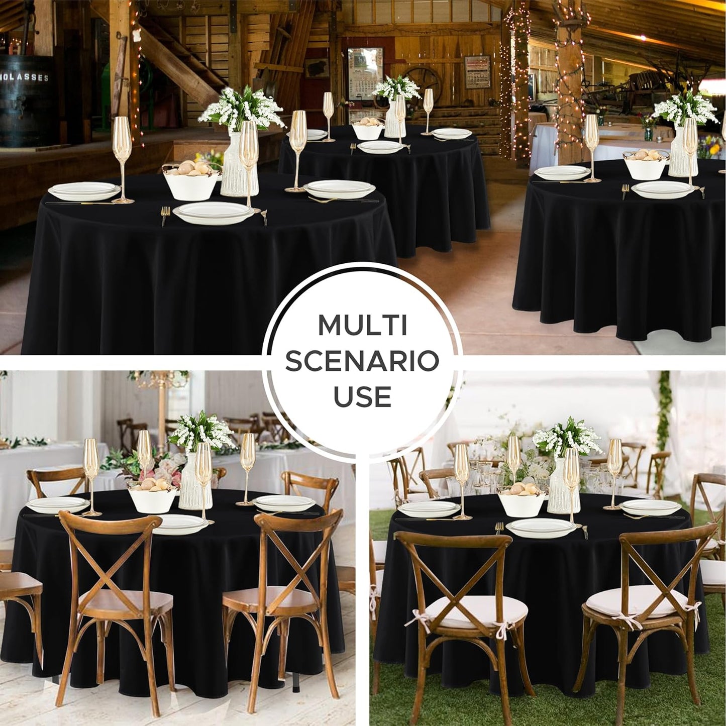Fitable 8 Pack Round Tablecloths: Stain Resistant Wrinkle Free Circle Table Clothes, Washable Reusable Polyester Table Covers for Wedding Party Birthday Banquet Reception(Black, 120 Inch)