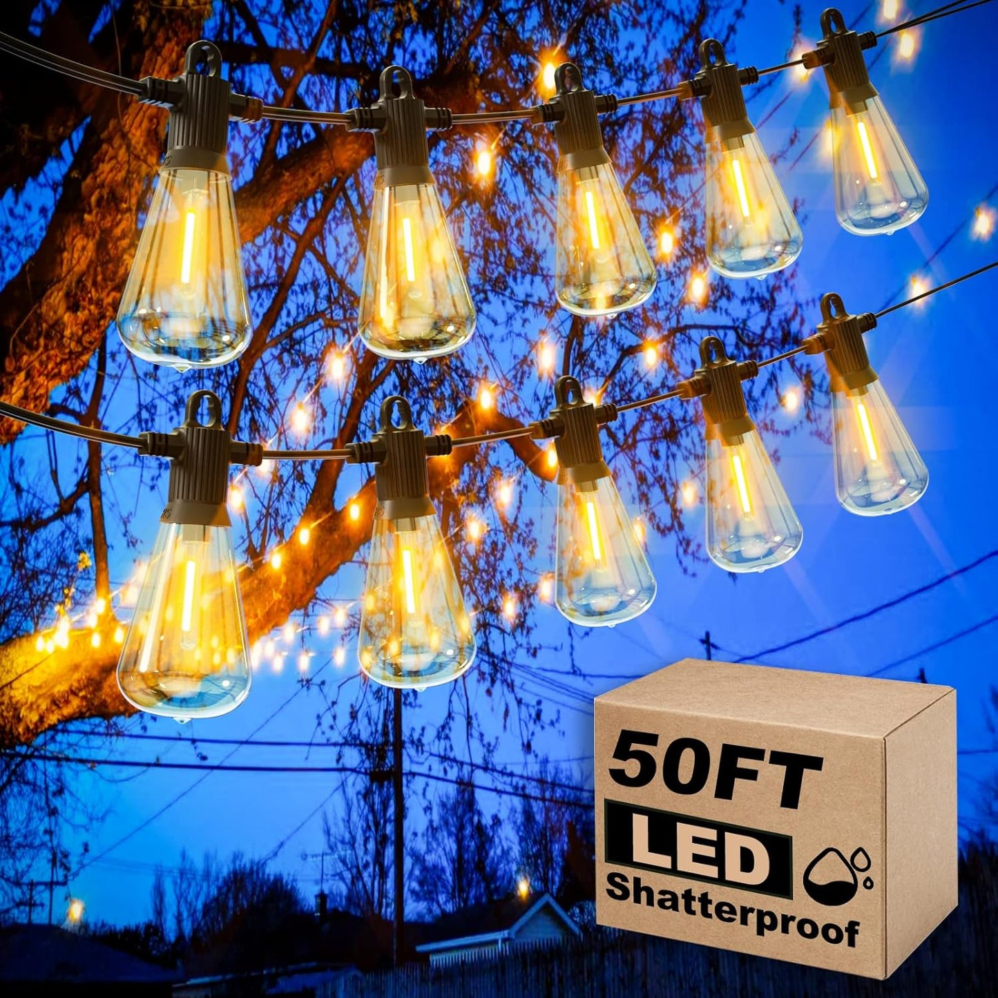 LED Outdoor String Lights, 50 FT Waterproof Patio Lights with 25+2 ST38 Vintage Edison Shatterproof Bulbs, Connectable Dimmable Hanging Lights for Backyard Bistro Cafe Garden Gazebo - Warm White