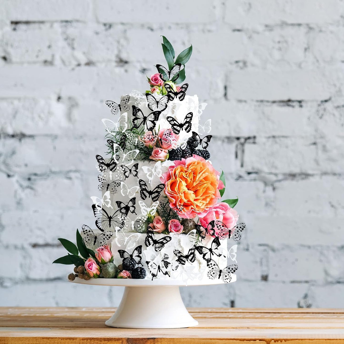 Gyufise 36Pcs Butterfly Cupcake Toppers - Lively PVC Art 3D Cake Decorations for Baby Shower, Kids Birthday Party - Black, White, Transparent