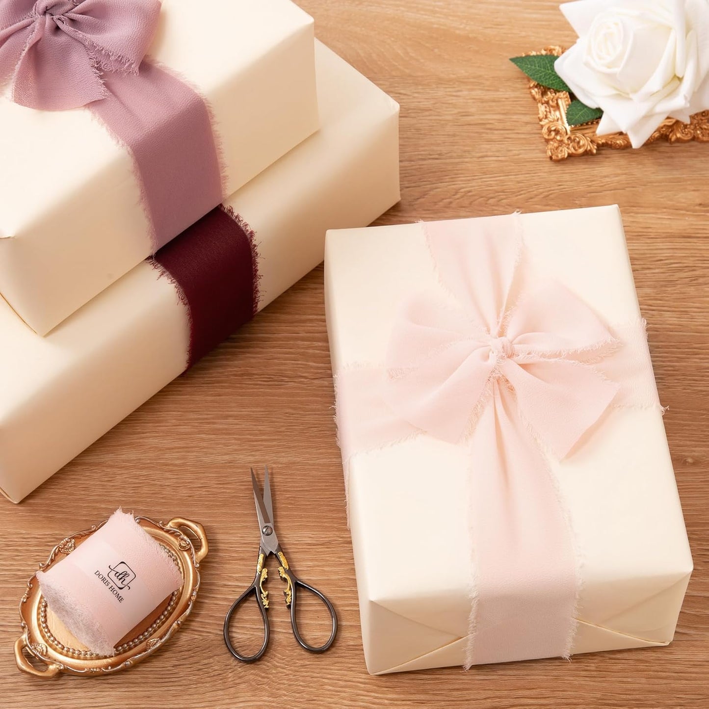 DORIS HOME Pink Chiffon Ribbon for Flower Bouquet, 2" x21Yd Fabric Ribbon for Gift Wrapping, Handmade Frayed Ribbon for Wedding, Chiffon Silk Ribbon for Christmas Decorations