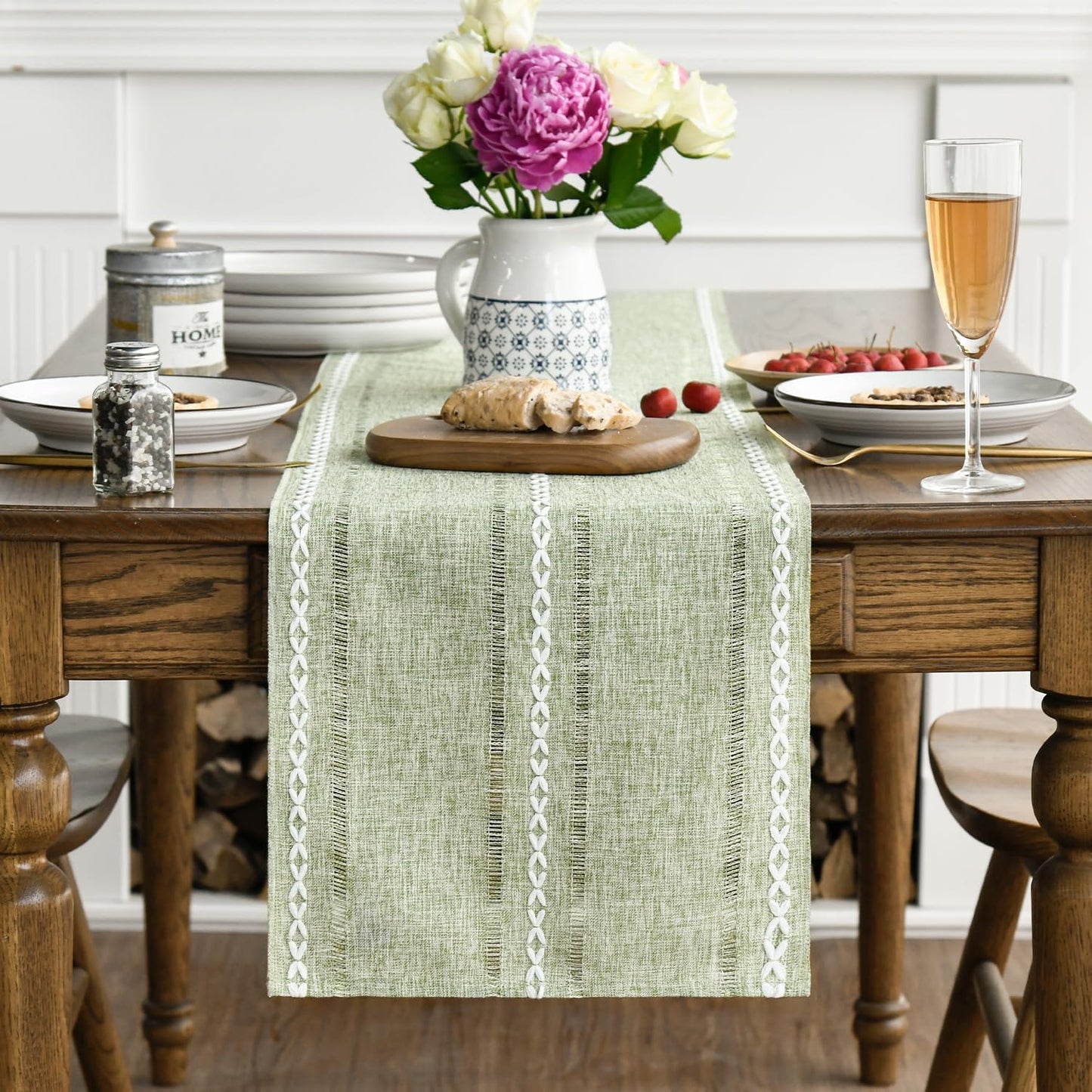 Artoid Mode Sage Green Rustic Cotton Linen Table Runner, Seasonal Embroidered Hollow Kitchen Dining Table Decoration for Home Party Decor 13x90 Inch