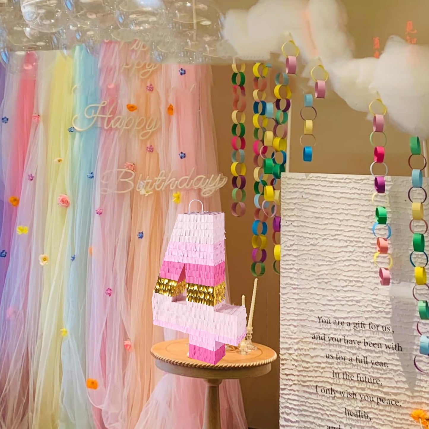 PCFING 20 Inch Number 4 Piñata Pink Gold with 30 Inch Piñata Stick Blindfold Confetti for Boys Girls Adults Birthday Party Decorations, Anniversary Celebration, Fiesta