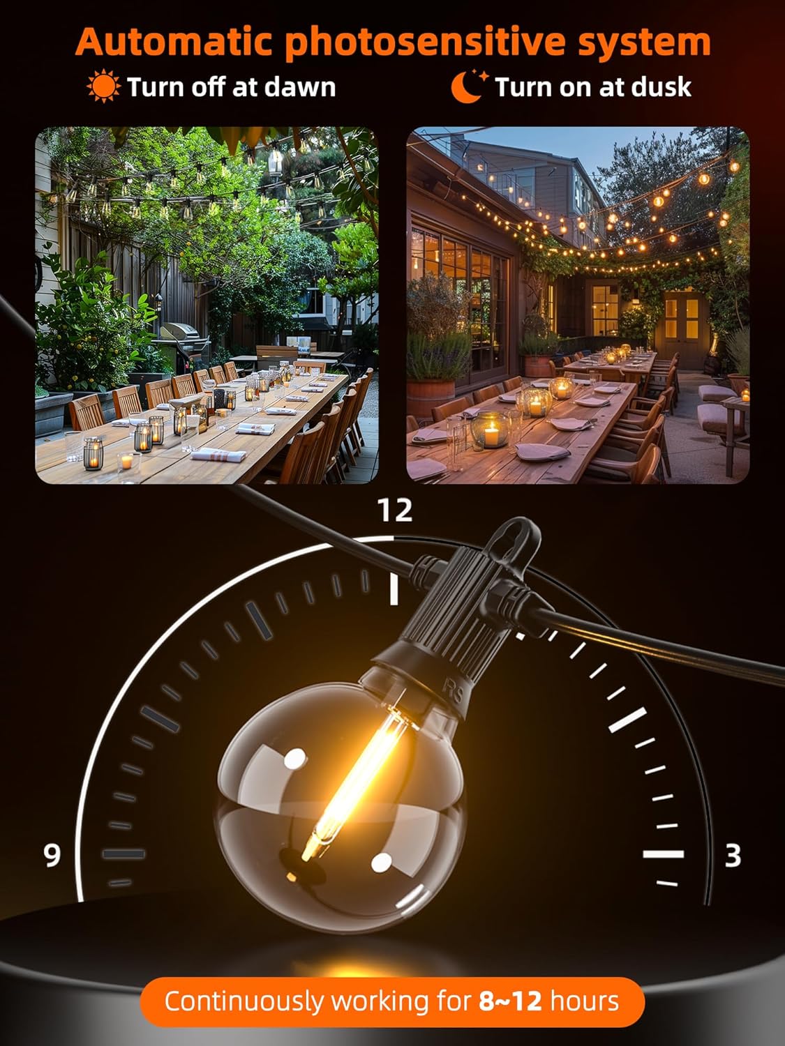 Kawaya Solar Powered String Lights for Outside, Outdoor IP65 Waterproof LED Patio Light with USB-Charging, Shatterproof Edison Hanging Lights for Bistro Yard Cafe Porch Camping (Solar-Power 100FT)