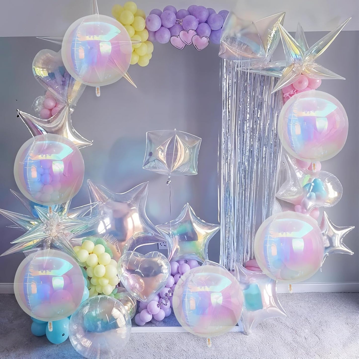 6Pcs Iridescent Round Foil Balloons,Giant 4D Clear Round Ball Balloon,22 Inch Rainbow Balloons for Birthday Wedding Prom Party Decorations