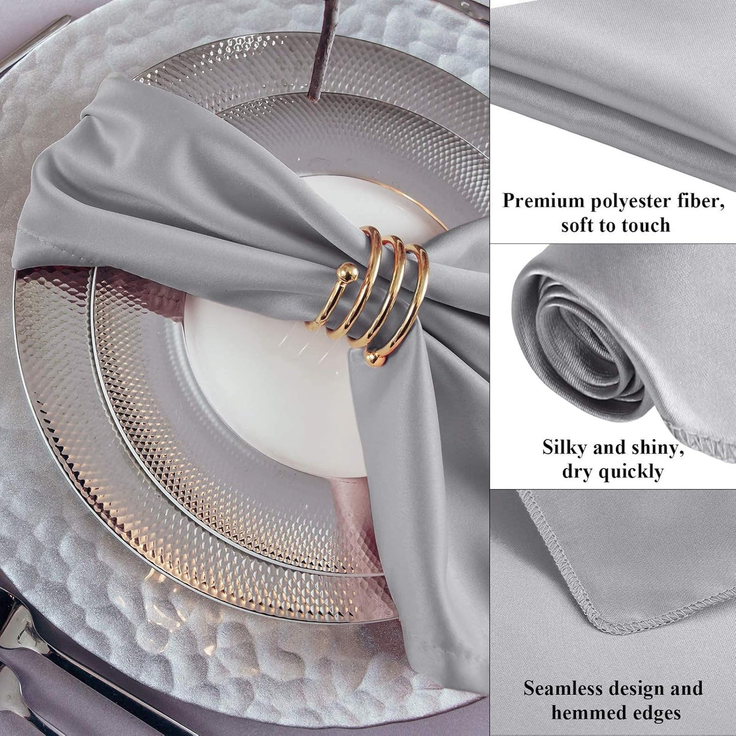 Aneco 12 Pieces Satin Napkin Square 20 x 20 Inches Dinner Napkins Weddings Party Napkin Soft Table Napkins for Romantic Weddings Party Dinner Decoration (Grey)