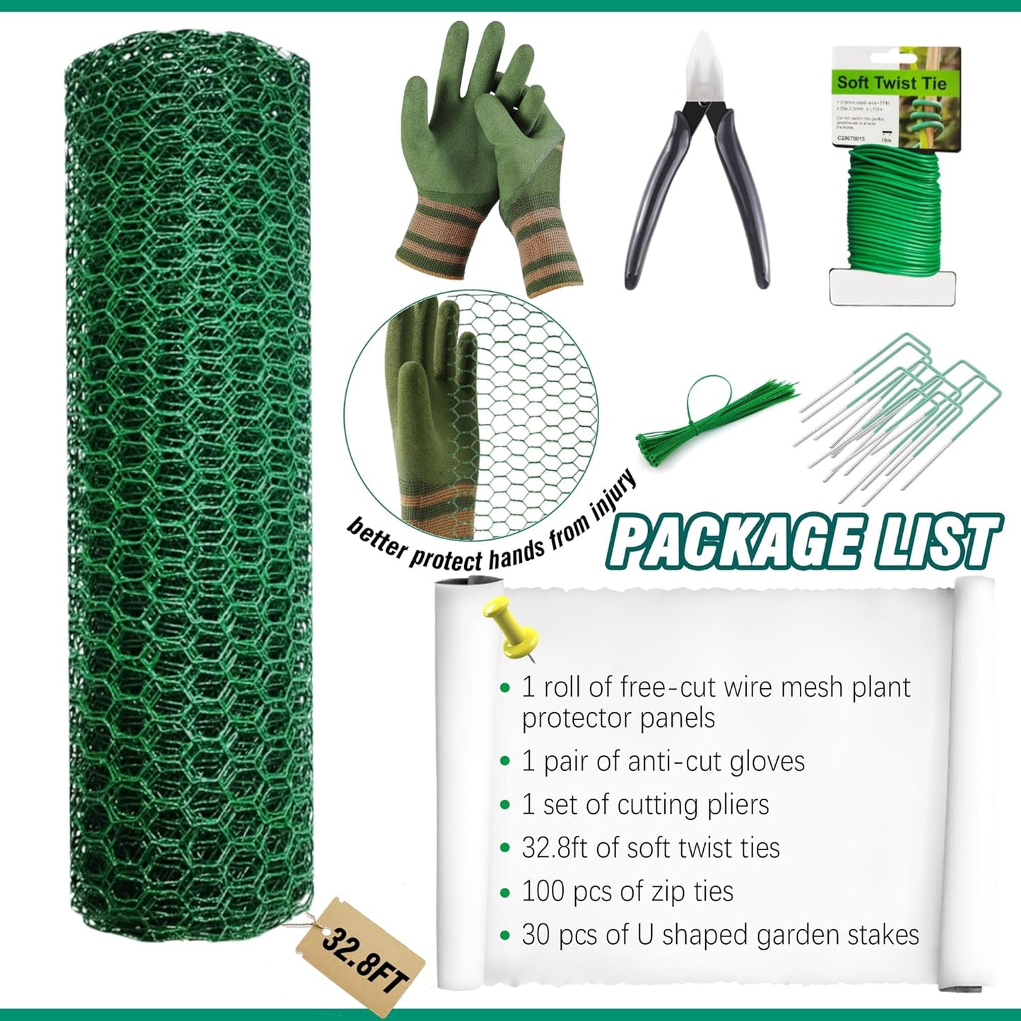 32.8FT x16Inch Plant Protectors from Animals - Wire Plant Protector Cages for Outdoor Plants, Free-Cut Metal Mesh Plant Covers Guards Fence, Chicken Wire Cloche with Ground Stakes,Zip Ties