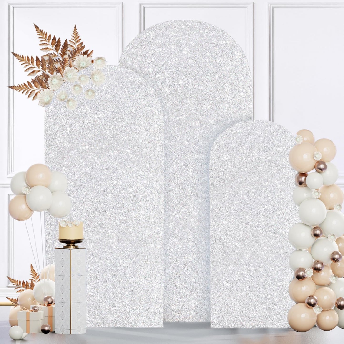 MODFUNS Arch Backdrop Stand and Cover Set 6&6.6&7.2ft Silver Sequins Arch Covers Set of 3 Gold Arched Backdrop Stands Chiara Arches Cover for Party Baby Shower Banquet Wedding Decoration