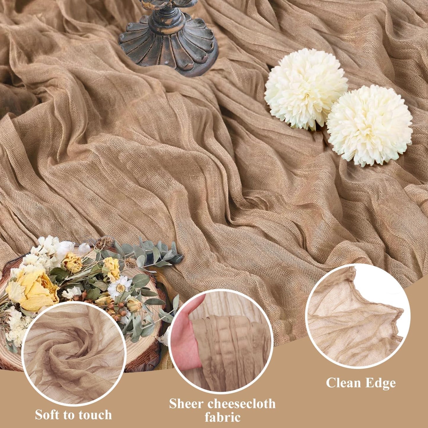 Asee'm 6pcs Cheesecloth Table Runner 120 Inches Long Nude Boho Gauze Cheese Cloth Runner 10FT Rustic Sheer Table Runners for Christmas Wedding Party Baby Shower Spring Easter Decoration