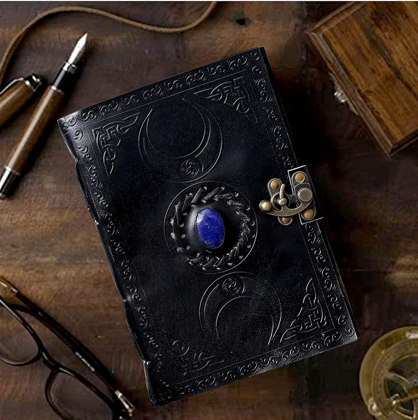 cuero 3 Moon Blue Lapiz Embossed Vintage Leather Journal for Men & Women - 176 Pages, Antique Handmade Deckle Edge Vintage Paper, Leather Journal Writing Notebook Dairy Gift(10 inch by 13 inch, Black)
