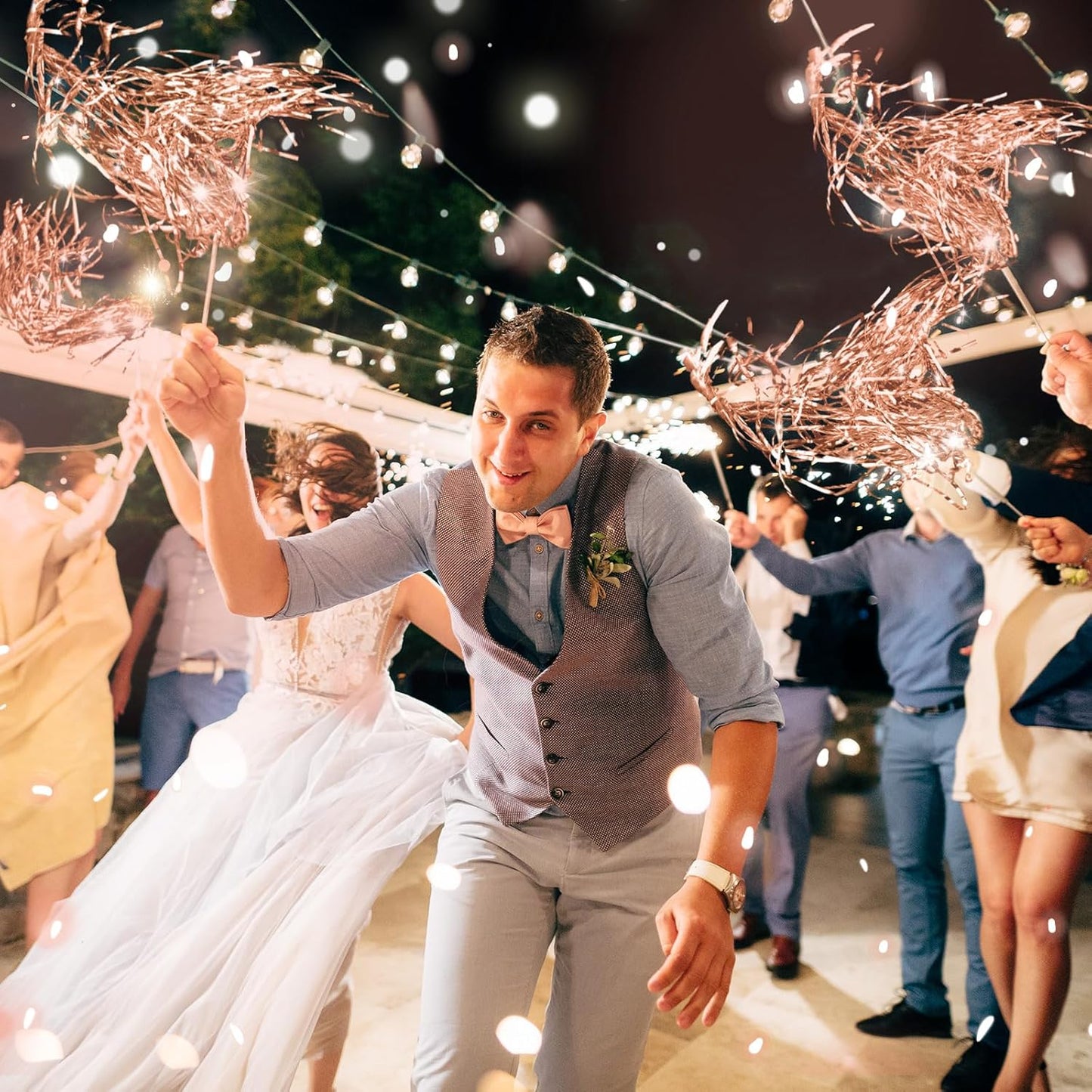 100 Pcs Lighted Wedding Wands LED Tinsel Wands Light up Streamers Sparklers for Wedding Send Off and Exits Birthday Party Props Favors(Rose Gold)