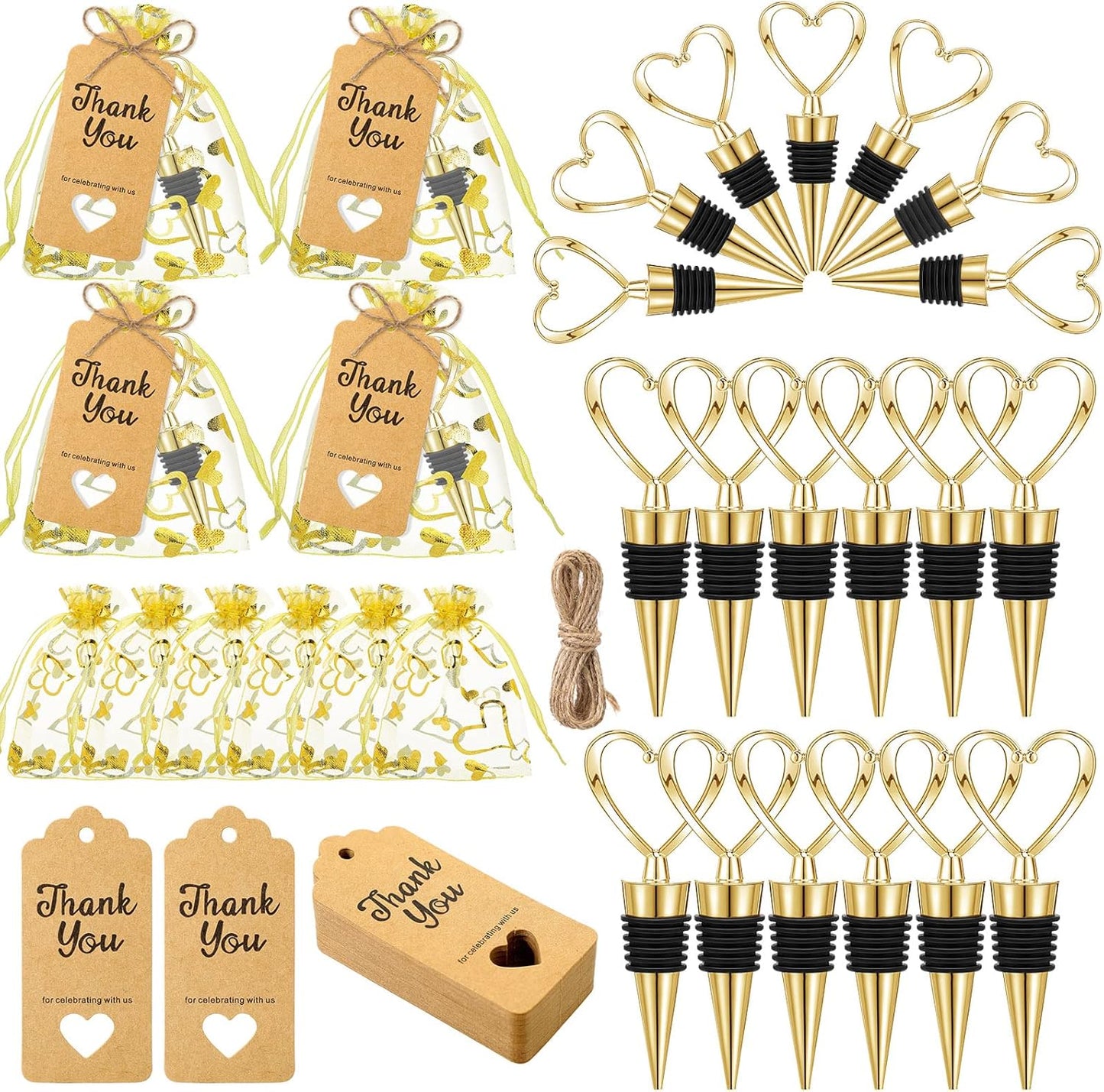 Buryeah 24 Set Wedding Heart Shaped Wine Stopper Party Favors Bulk Beverage Bottle Stopper Wine Cork Love Design Souvenirs for Guest with Sheer Bag Labels Rope Gift for Engagement Bridal Shower, Gold