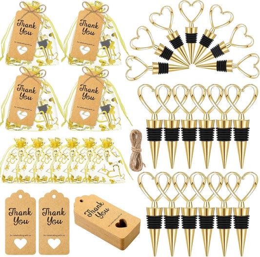 Buryeah 24 Set Wedding Heart Shaped Wine Stopper Party Favors Bulk Beverage Bottle Stopper Wine Cork Love Design Souvenirs for Guest with Sheer Bag Labels Rope Gift for Engagement Bridal Shower, Gold