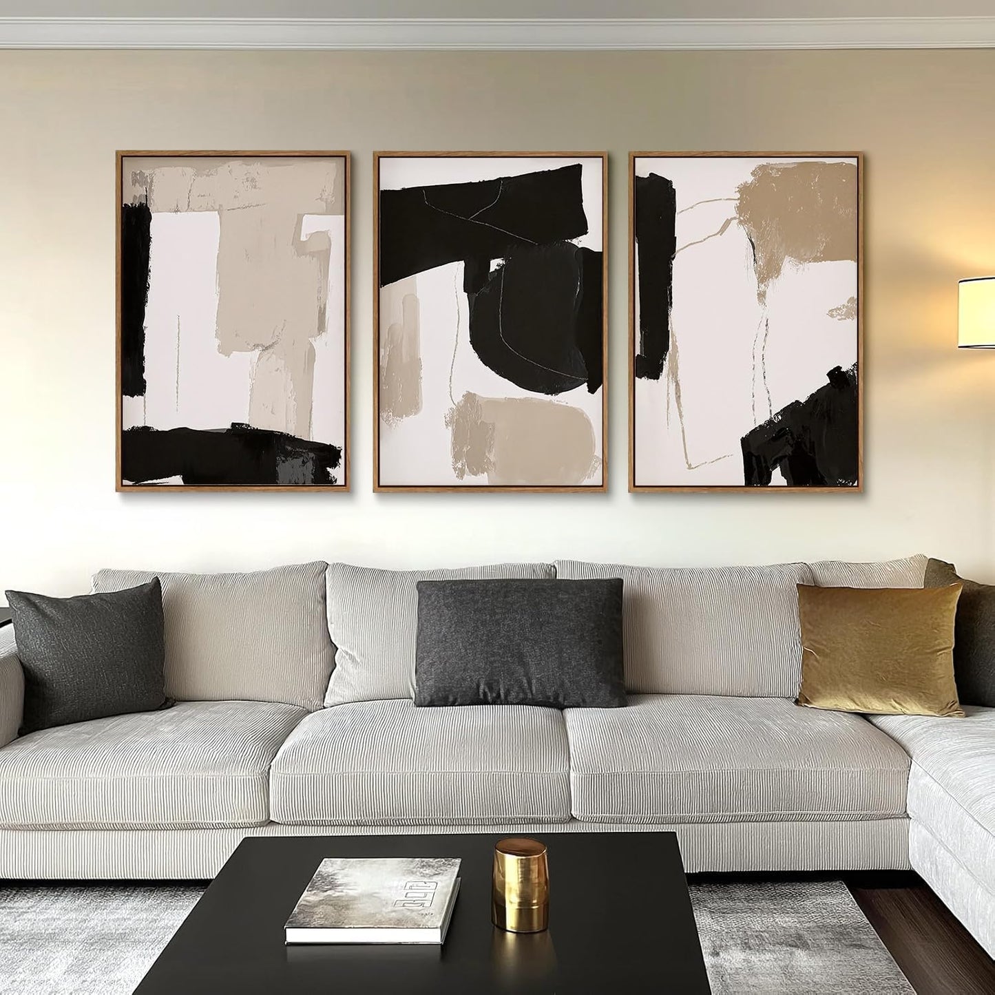 myusuar 3 Piece Large Modern Abstract Canvas Framed Wall Art For Living Room, Black And Beige Blocks Minimalist Wall Art Decor Posters Prints For Bedroom Office, 24x36in