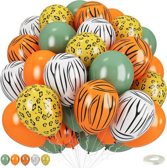 Safari Balloons, 12 Inch Jungle Animal Print Balloons, Tiger Leopard Zebra Print Jungle Safari Theme Olive Green Orange Balloon for Birthday Forest Animal Wild One Party Decorations Supplies