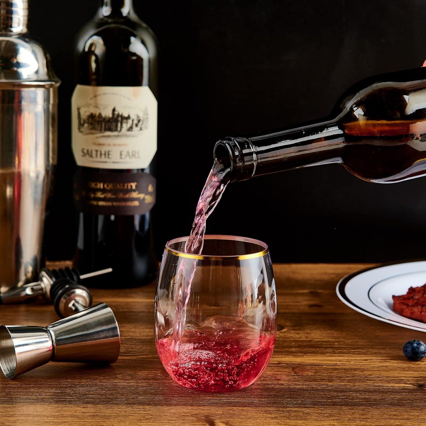 FOCUSLINE 32 Pack 12 OZ Plastic Wine Glasses, Stemless Disposable Wine Cups, Gold Rim Unbreakable Wine Glasses, Reusable Shatterproof Recyclable and BPA-Free Plastic Wine Cups