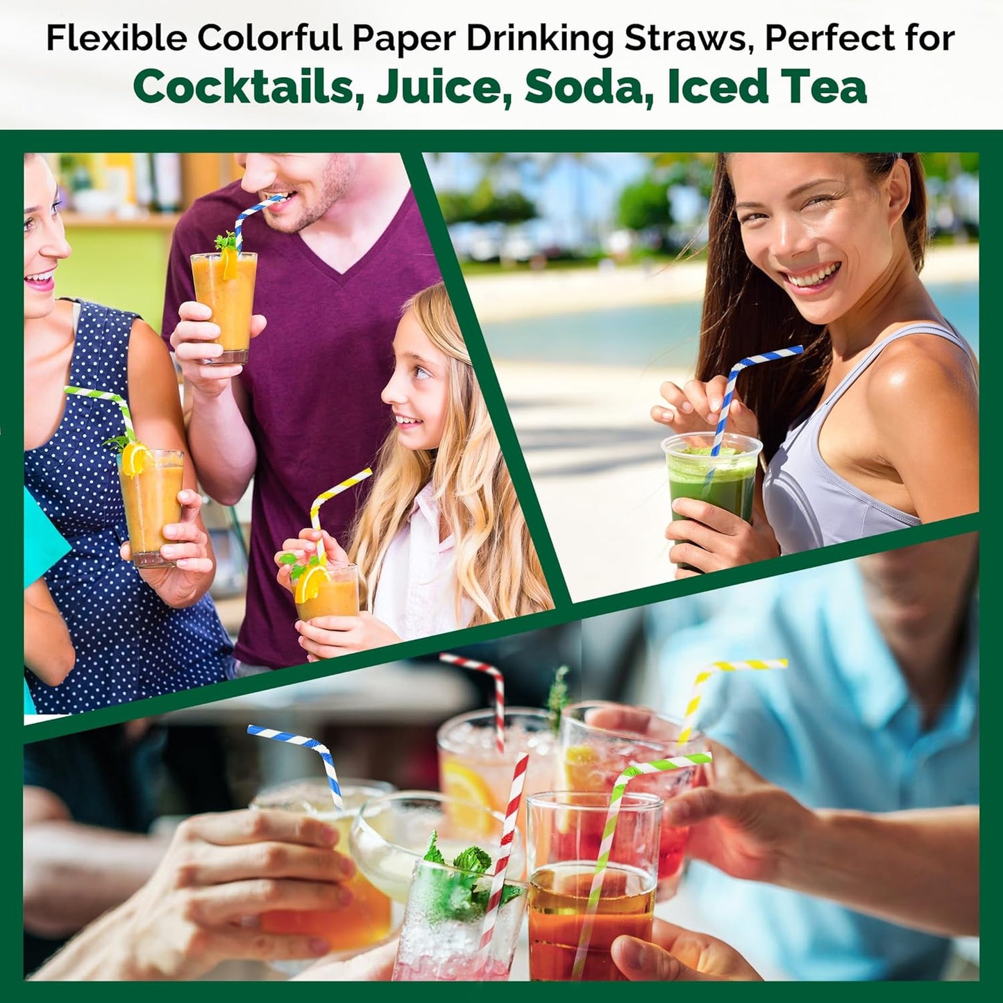 Flexible Paper Drinking Straws, 250 Count, 7.75" Long, 0.24" diameter - 100% Biodegradable - Assorted Striped Colors