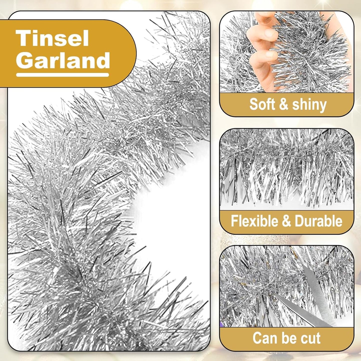 25 Feet Metallic Twist Tinsel Garland Wall Hanging Backdrop for Parade Floats, Christmas Eve, New Year, Valentine's Day Party Decorations (Silver, 4in x 25ft)