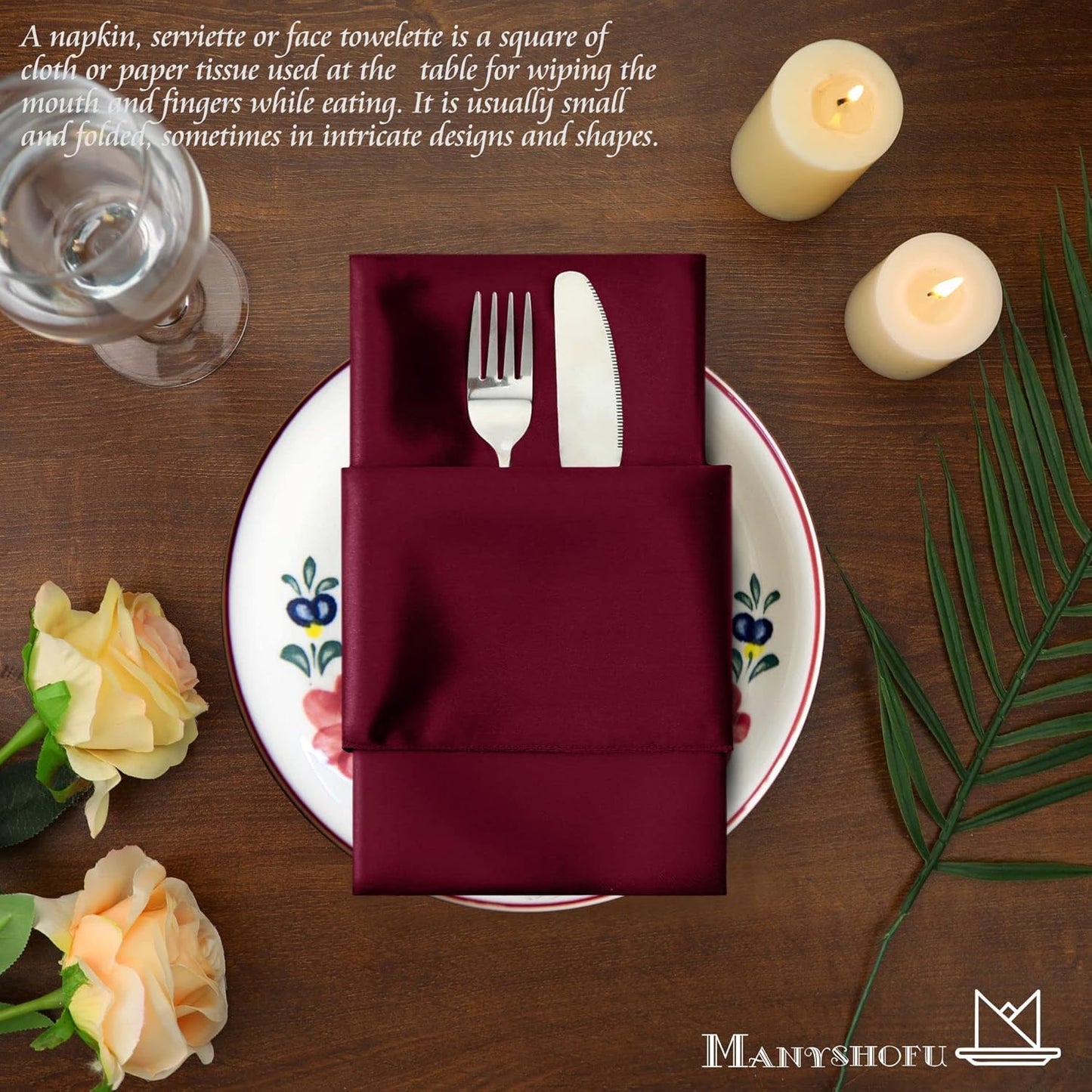 Manyshofu 60 Pieces Maroon Satin Napkins - 20x20 Inches Cloth Napkins, Square Satin Fabric Napkins Set - Elegant & Reusable Table Napkins for Wedding Dinner Party Lunch Banquet Restaurant Decoration