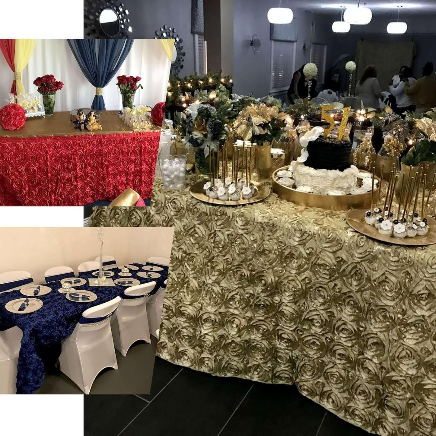 Efavormart 90"x156" Wholesale Rectangle Table Cover RED Grandiose Rosette 3D Satin Tablecloth for Wedding Party Event Decoration