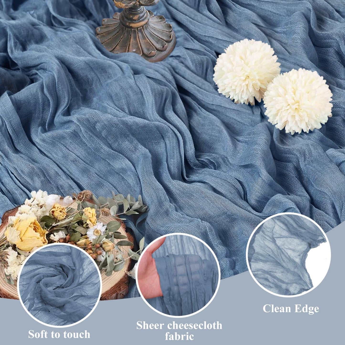 Asee'm 4pcs Cheesecloth Table Runner 120 Inches Long Dusty Blue Boho Gauze Cheese Cloth Runner 10FT Rustic Sheer Table Runners for Christmas Wedding Party Baby Shower Spring Easter Decoration