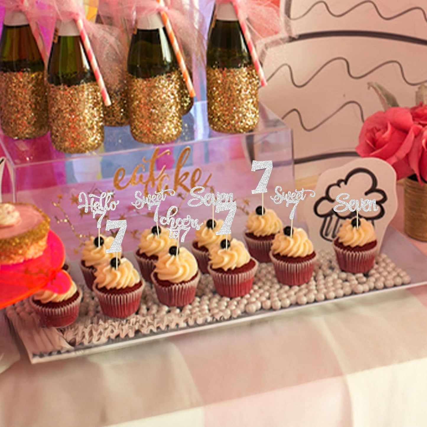 30Pcs 7th Birthday Cupcake Toppers Glitter Seven Happy 7 Cupcake Picks Cheers to 7 Years Old Cake Decorations for 7th Birthday Party Supplies Silver
