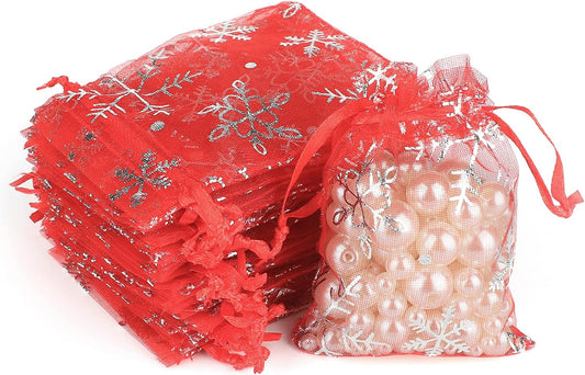 jijAcraft 3x4 Inch Christmas Organza Bags - 50Pcs Red Snowflake Gift Bags with Drawstring, Xmas Party Favor Sheer Mesh Pouches for Winter Gift, Candy, Jewelry Bag