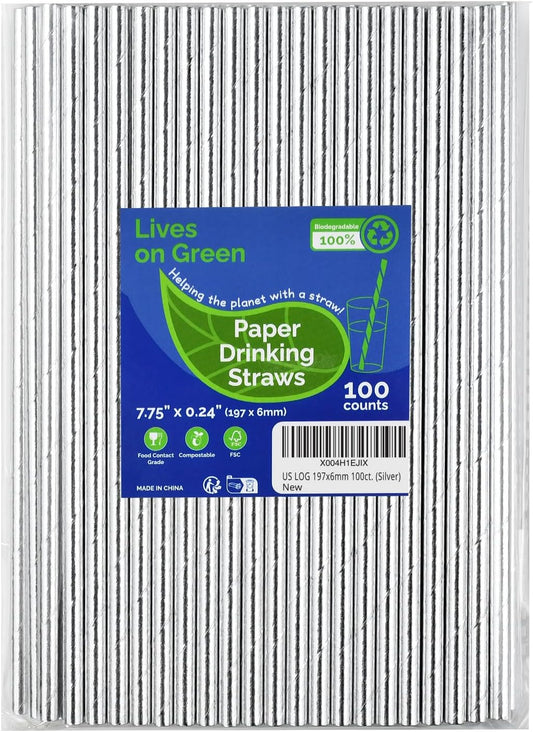 7.75" x 0.24" Silver Disposable Paper Drinking Straws for Cocktails, Party, Wedding, Bars, Restaurants, 100 Counts