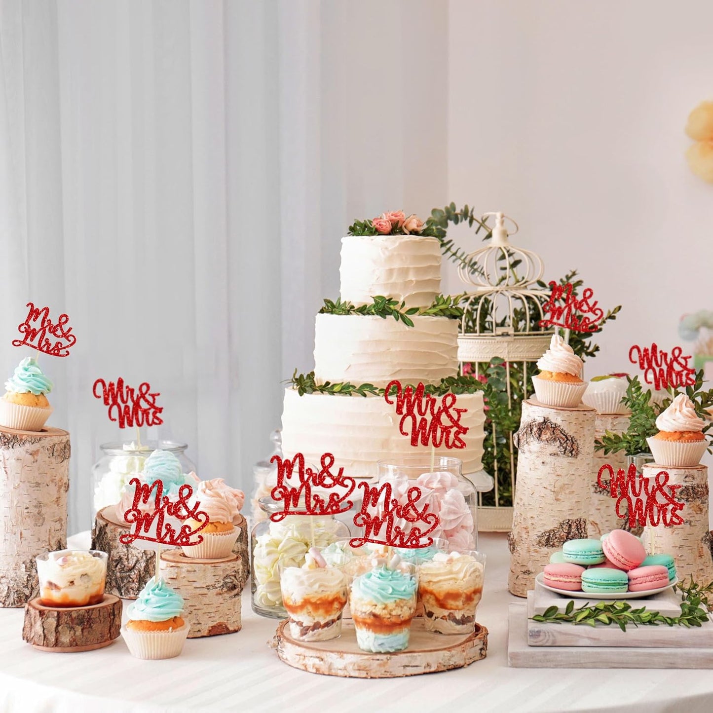 Gyufise 36Pcs Mr & Mrs Cupcake Toppers Glitter Bridal Shower Cupcake Picks for Wedding Engagement Birthday Anniversary Party Cake Decorations Supplies Red