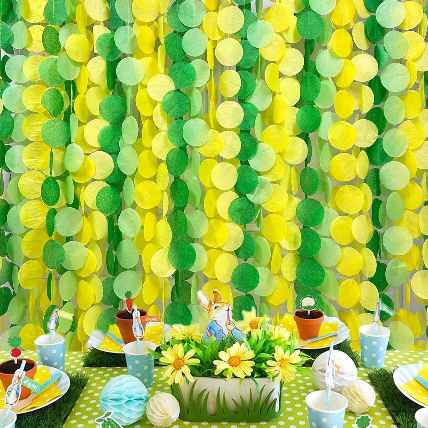 205Ft Yellow Green Party Decorations Ombre Green Yellow Circle Dot Backdrop Garland Tissue Paper Polka Dots Hanging Streamer for Spring Summer Birthday Engagement Wedding Bridal Shower Party Supplies