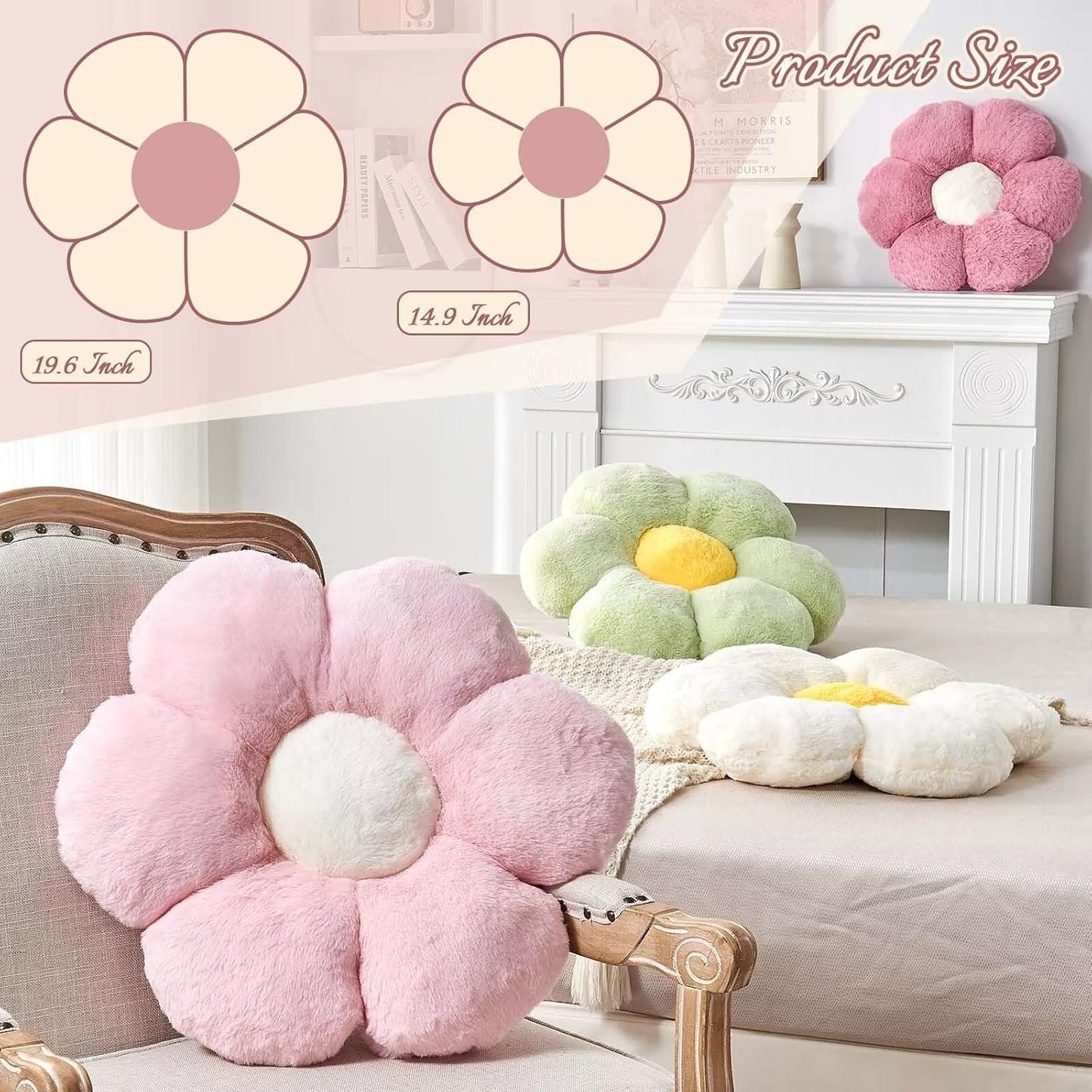 Lavender Flower Pillow, Cute Decorative Flower Shaped Throw Pillow with Faux Rabbit Fur, 19.6" Soft Flower Plush Throw Pillow Floor Pillows Room Décor for Bedroom Living Room