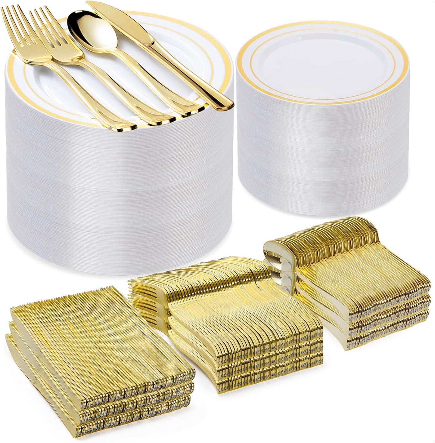 600PCS Gold Plastic Plate Set (100 Guests), Plastic Plates for Party Wedding Birthday, Disposable Dinnerware Set of 200 Plates, 200 Forks, 100 Spoons, 100 Knives for Christmas, Thanksgiving