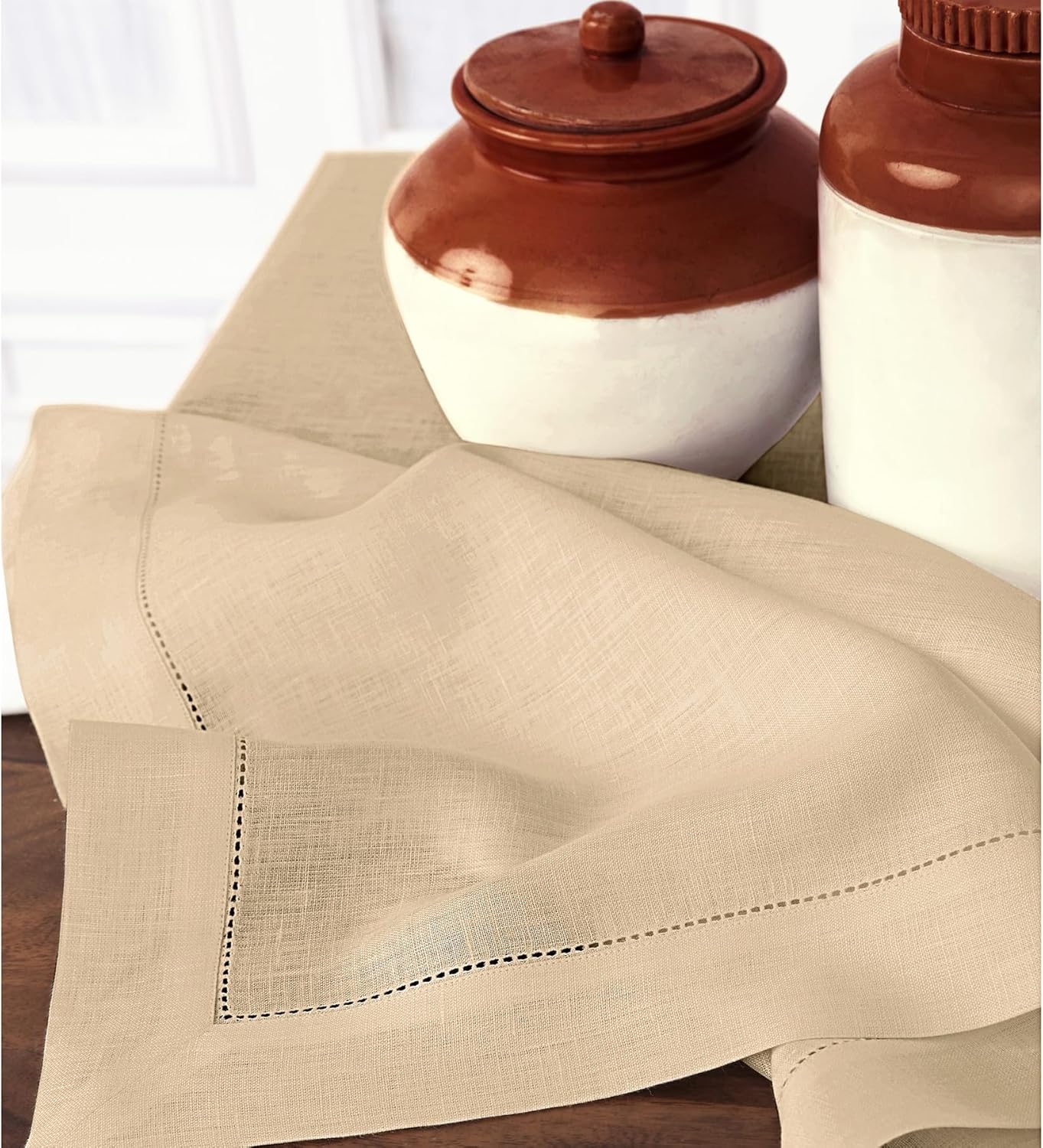 Solino Home Linen Beige Tablecloth 60 x 90 Inch - Classic Hemstitch, 100% Pure Linen Rectangular Tablecloth - Machine Washable Table Cloth for Fall, Autumn, Thanksgiving, Christmas