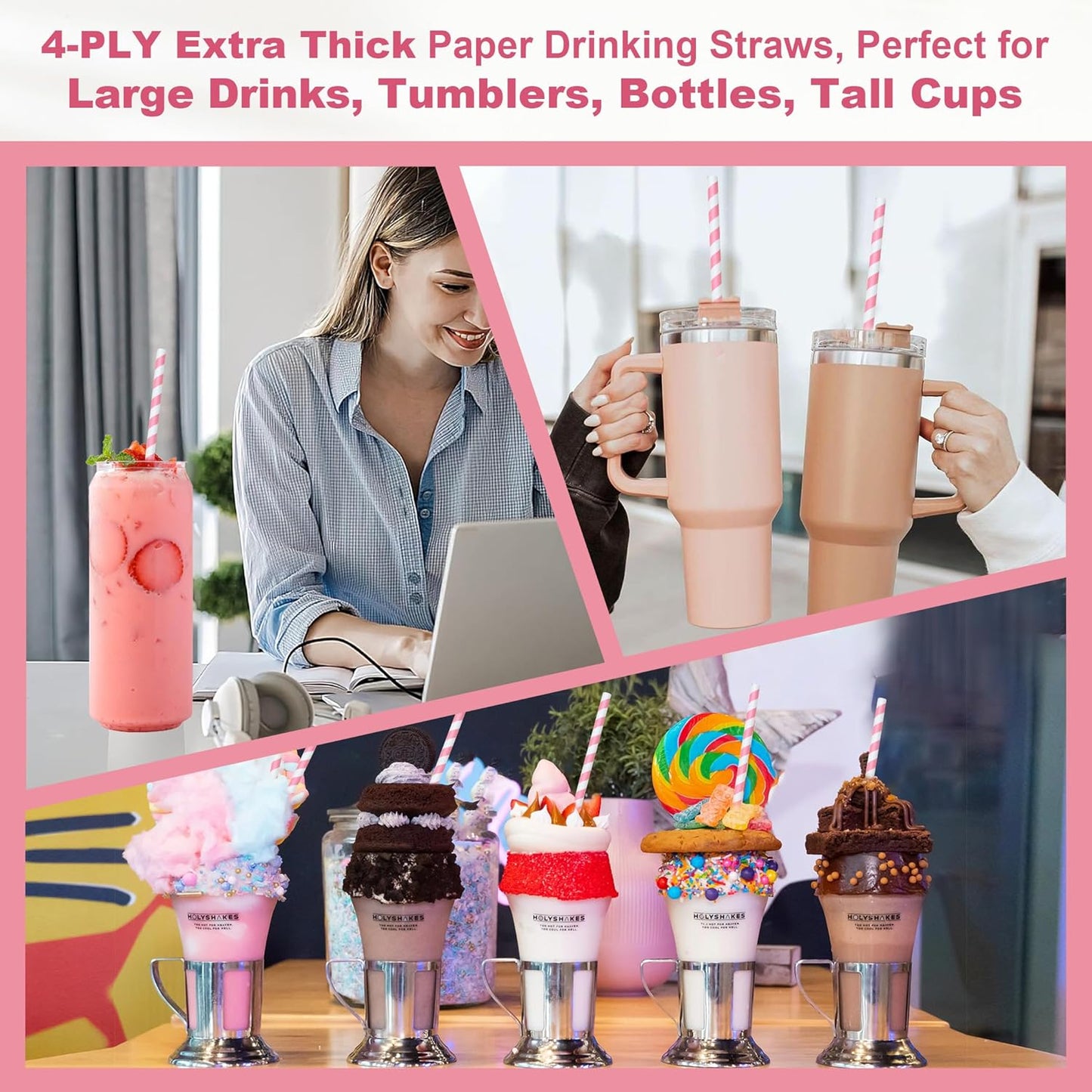 14 inch Extra Long Disposable Pink/White Striped Paper Drinking Straws 0.31" Wide - 100 Counts, Biodegradable