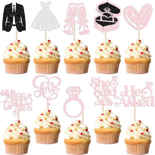 Gyufise 30Pcs She Said Yes Cupcake Toppers Glitter Diamond Ring I Do Love Cupcake Picks Miss to Mrs He Asked Bridal Shower Wedding Engagement Bachelorette Cake Decoration Light Pink