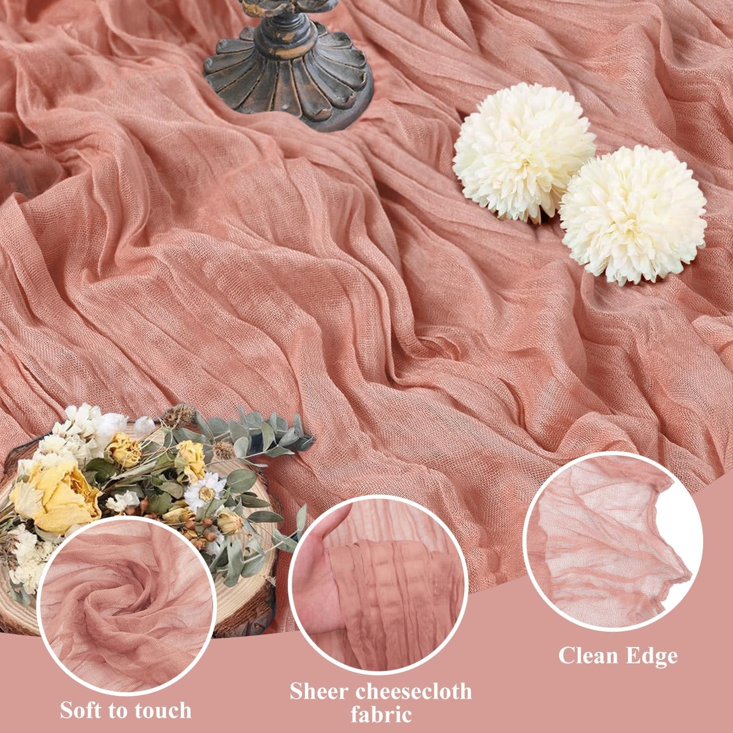 Asee'm Cheesecloth Table Runner 120 Inches Dark Rose Boho Gauze Cheese Cloth Runner 10FT Rustic Sheer Fall Table Runners for Thanksgiving Wedding Baby Shower Holiday Party Decoration