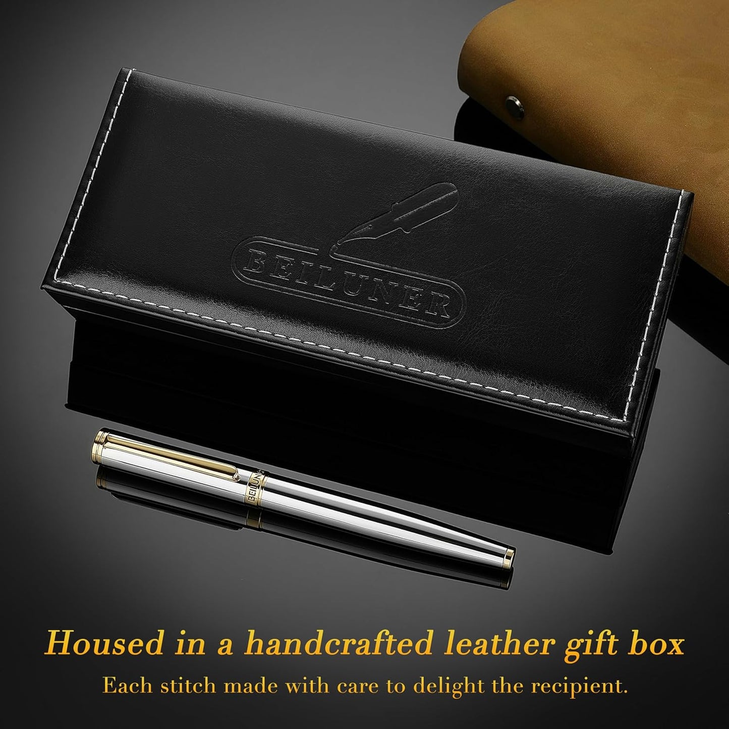 BEILUNER Silver Chrome Fountain Pen,Stunning Luxury with 24K Gold Accents, Gorgeous 24K Gilded Nib(Medium), Fancy Pen Gift for Men&Women -Ink Converter-Elegant, Office,Nice Pen for Writing