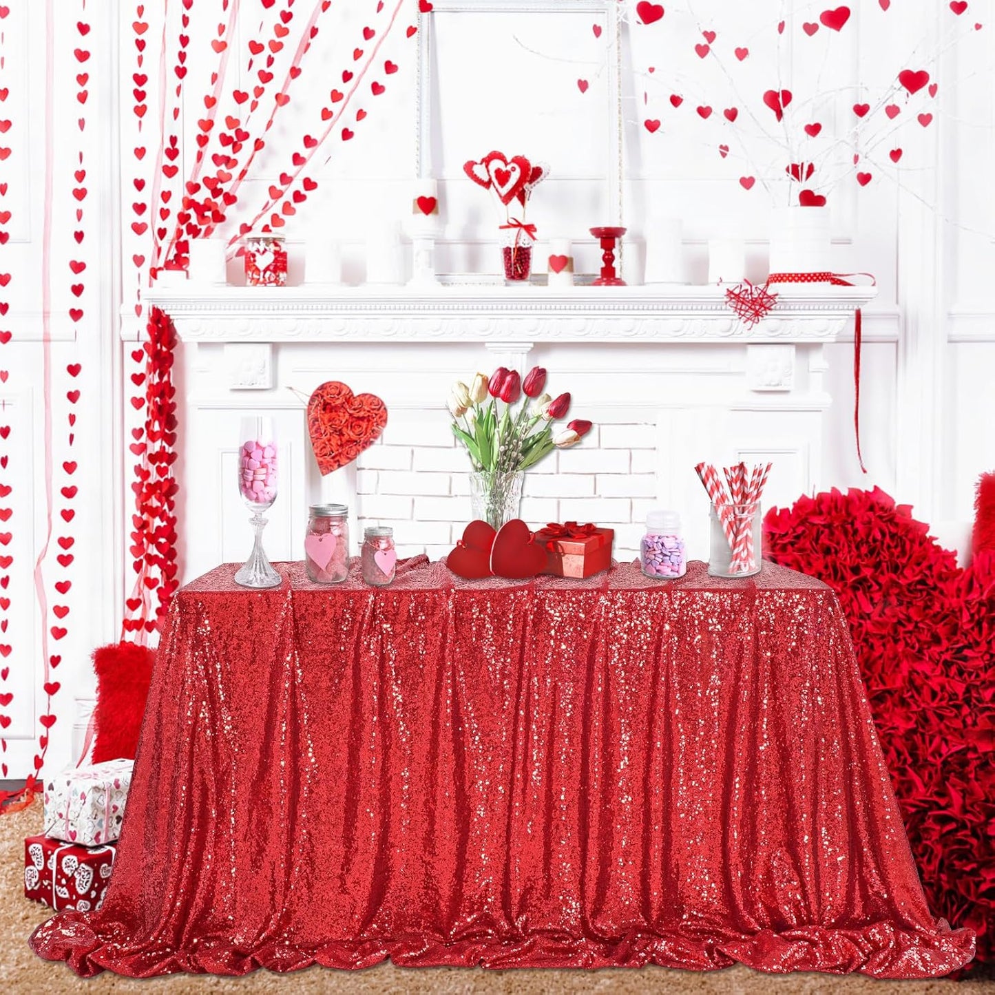QueenDream Red Sequin Tablecloth 90x132 Inch Red Glitter Table Cloth for Birthday Bridal Shower Party Christmas