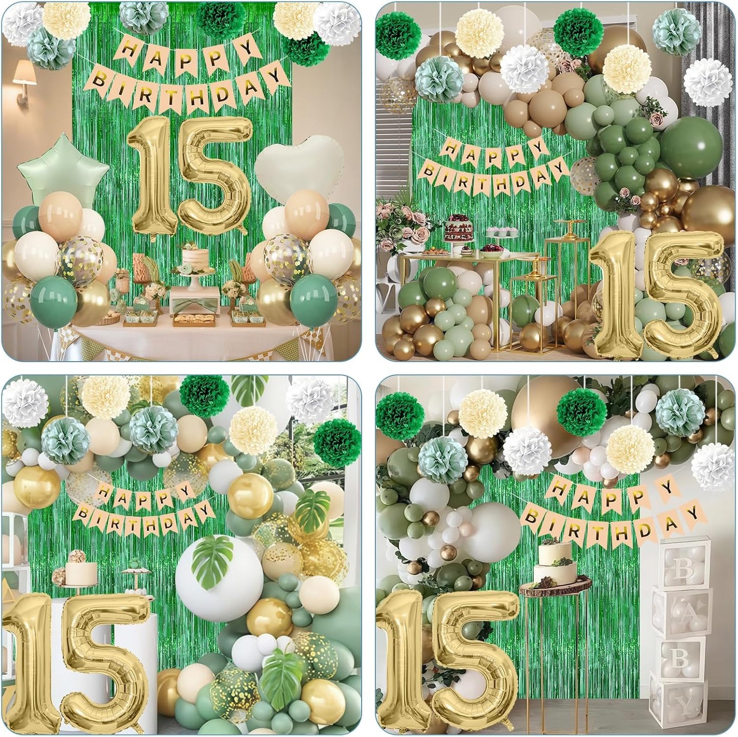 Sage Green 15th Birthday Decorations for Boys Girls Gold Number 15 Balloon Nude Gold Happy Birthday Banner Fringe Curtain Paper Pom Poms Olive Green Cream White Sand Star Foil Balloons Party Decor