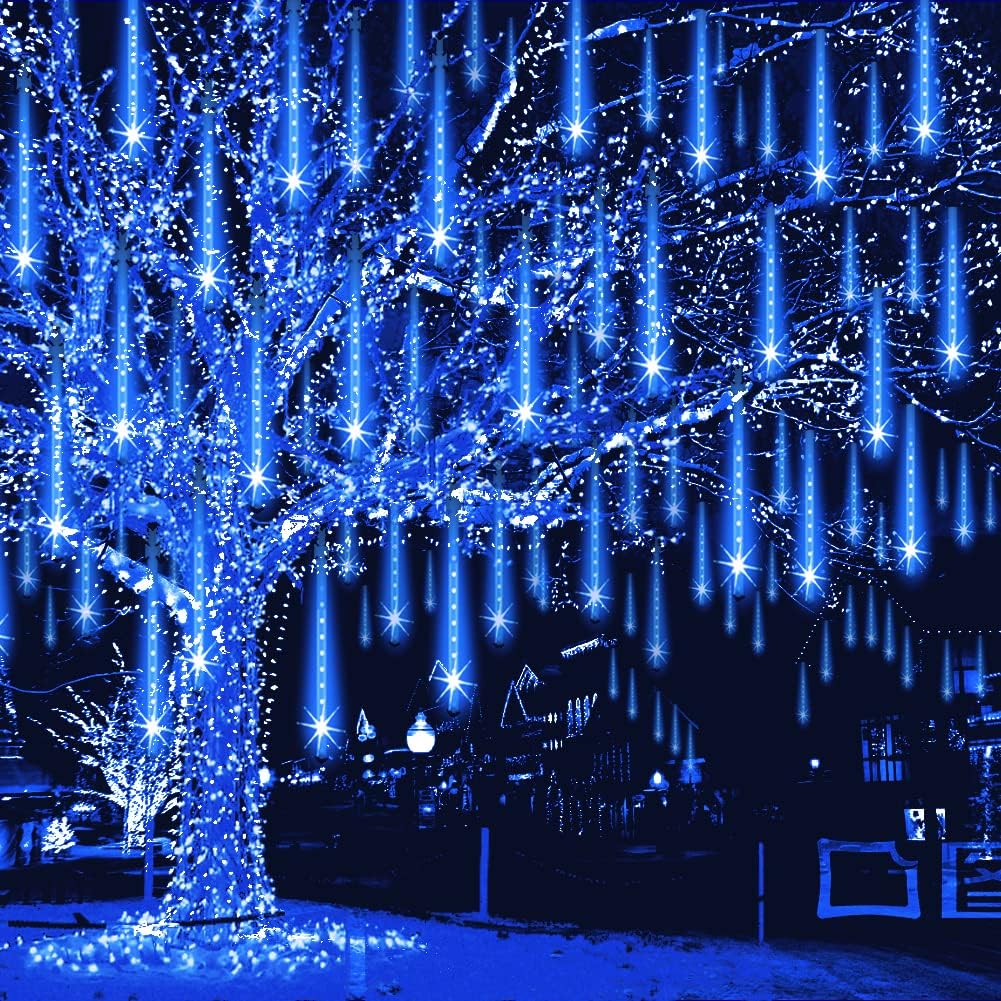 Christmas Lights Outdoor 32 Tubes 768 LEDs Meteor Shower Lights UL Certified Snow Falling Rain Drop Icicle String Light for Xmas Tree Halloween Decorations Wedding Party Garden Decor, Blue