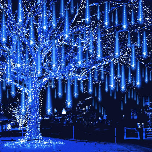 Meteor Shower Lights Outdoor Christmas Lights UL Certified Falling Rain Drop Snowfall Icicle Cascading String Light for Xmas Holiday Tree Wedding Party Garden Decor Blue, 12 Inch 8 Tubes