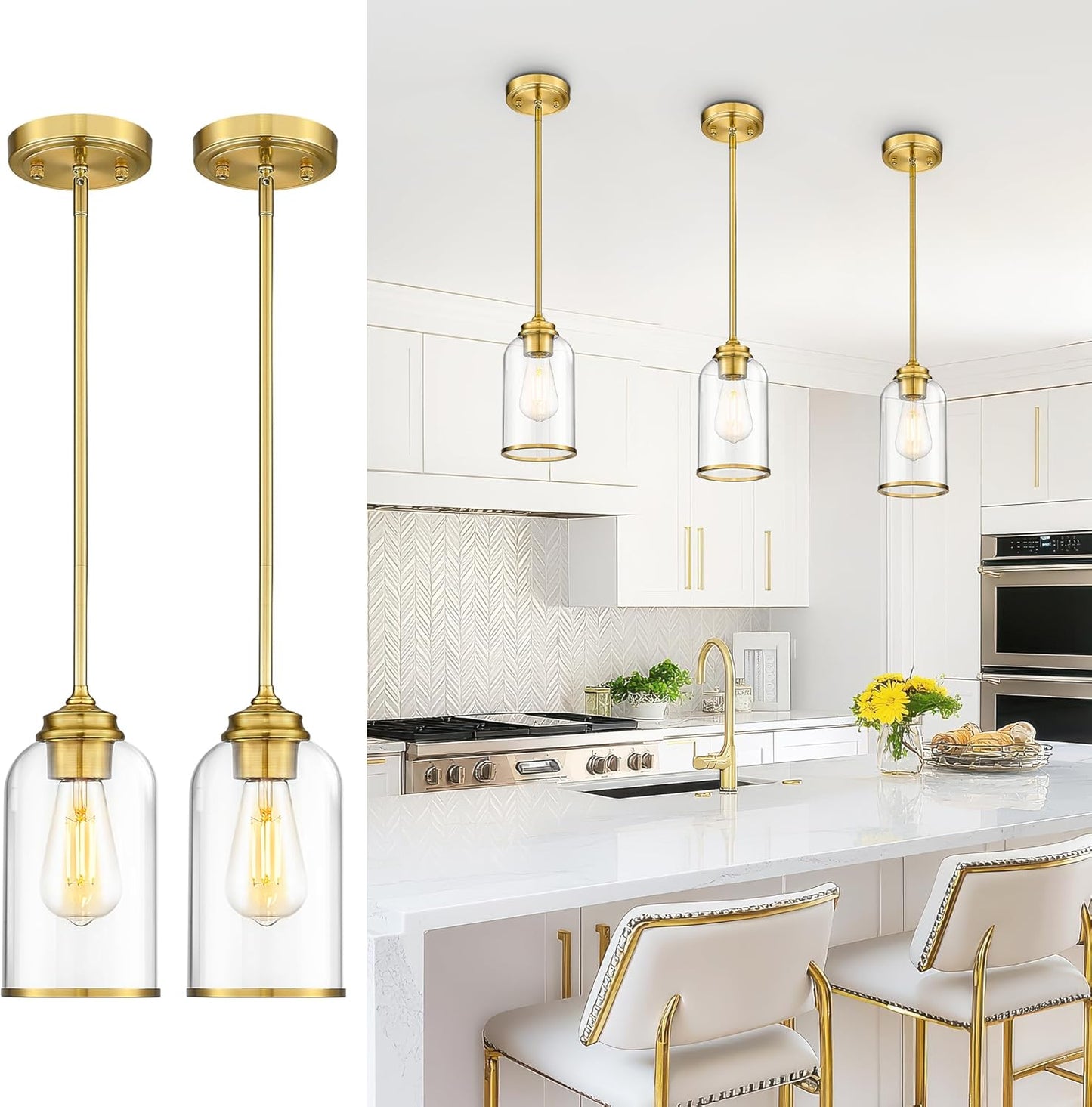 LIROUVET 2 Pack Pendant Lights, Vintage Hanging Lights, Brushed Gold Pendant Lights Kitchen Island with Clear Glass, Pendant Lighting for Dining Room PL02 CLBG-2PK