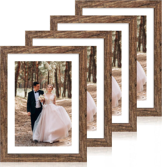 10x14 Picture Frame Set of 4 with Tempered Glass, Rustic Frame Display 8x12 Pictures with Mat or 10 x 14 Without Mat, Wooden Photo Frames for Wall Mounting