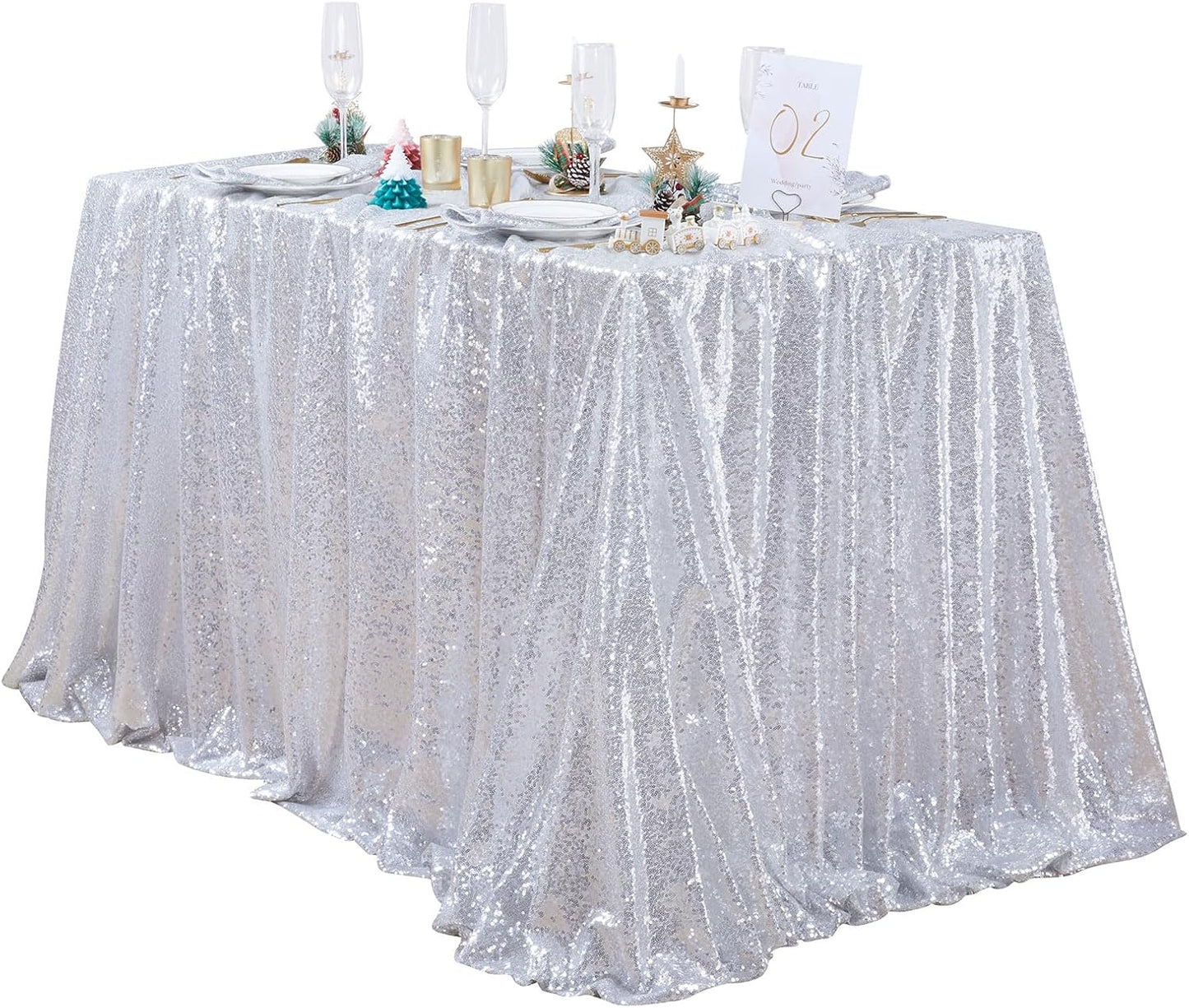 QueenDream Tablecloth 90x156 Rectangle Sequin Tablecloth Silver Wedding Table Linens Glitter Birthday Bridal Party Indoor Outdoor Decorations