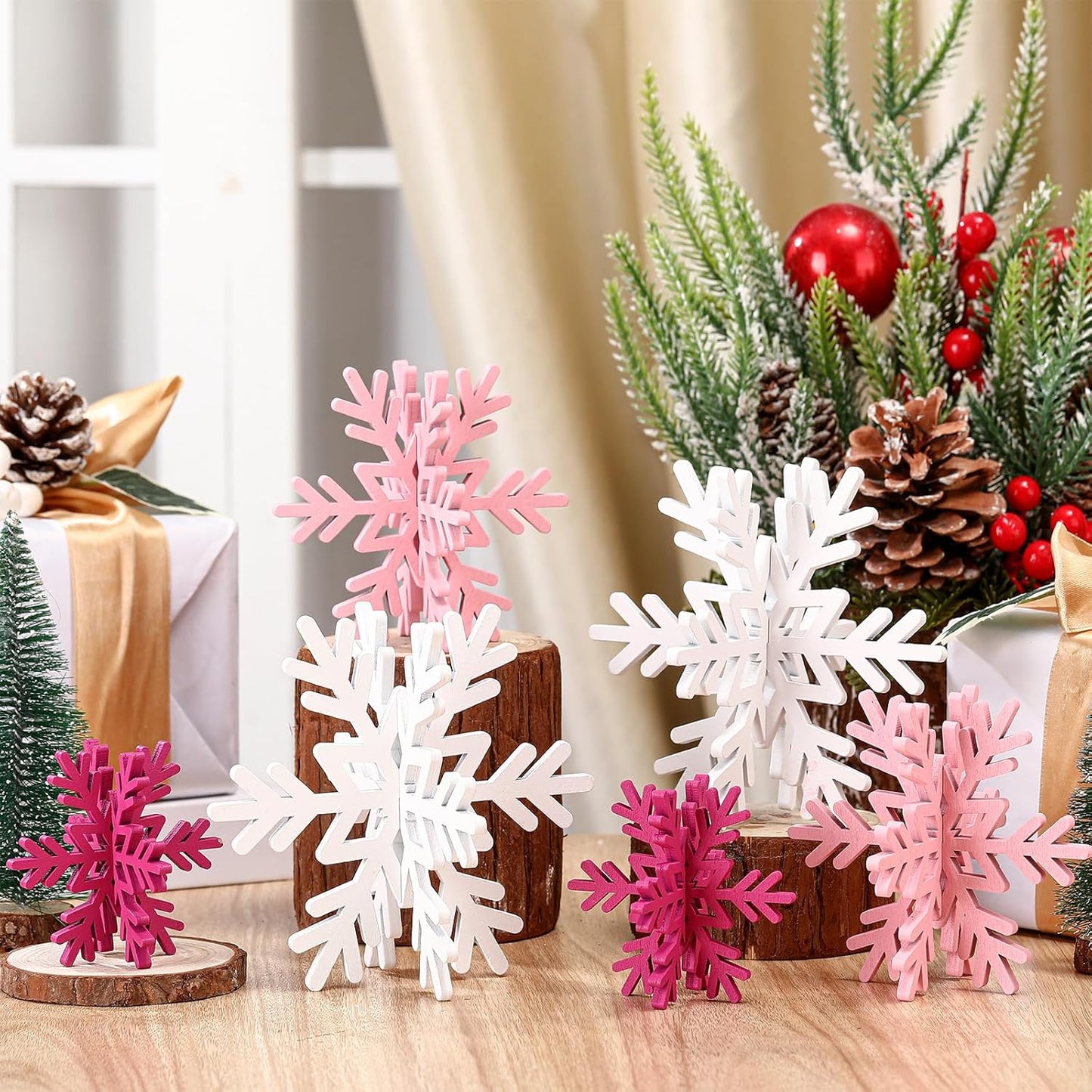 Bucherry 12 Pcs Wooden Snowflake Table Decor 3D Snowflake Tabletop Signs and Centerpiece for Christmas Xmas Winter Wonderland Decorations Home Party(White, Pink, Rose Red)