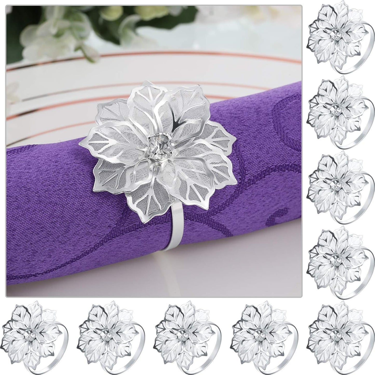 Hotop 12 Pcs Hollow Out Flower Napkin Rings Fall Napkin Ring Holder Metal Serviette Buckles Set for Dinner Thanksgiving Christmas Wedding Banquet Table Plates Decoration(Silver)