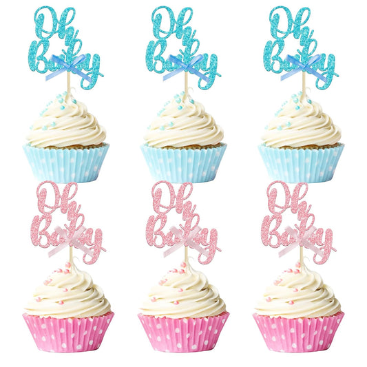 Gyufise 36Pcs Oh Baby Cupcake Toppers Pink Blue Bow Glitter Baby Shower Gender Reveal Cupcake Picks for Boy or Girl Theme Baby Shower Kids Birthday Party Cake Decorations Supplies