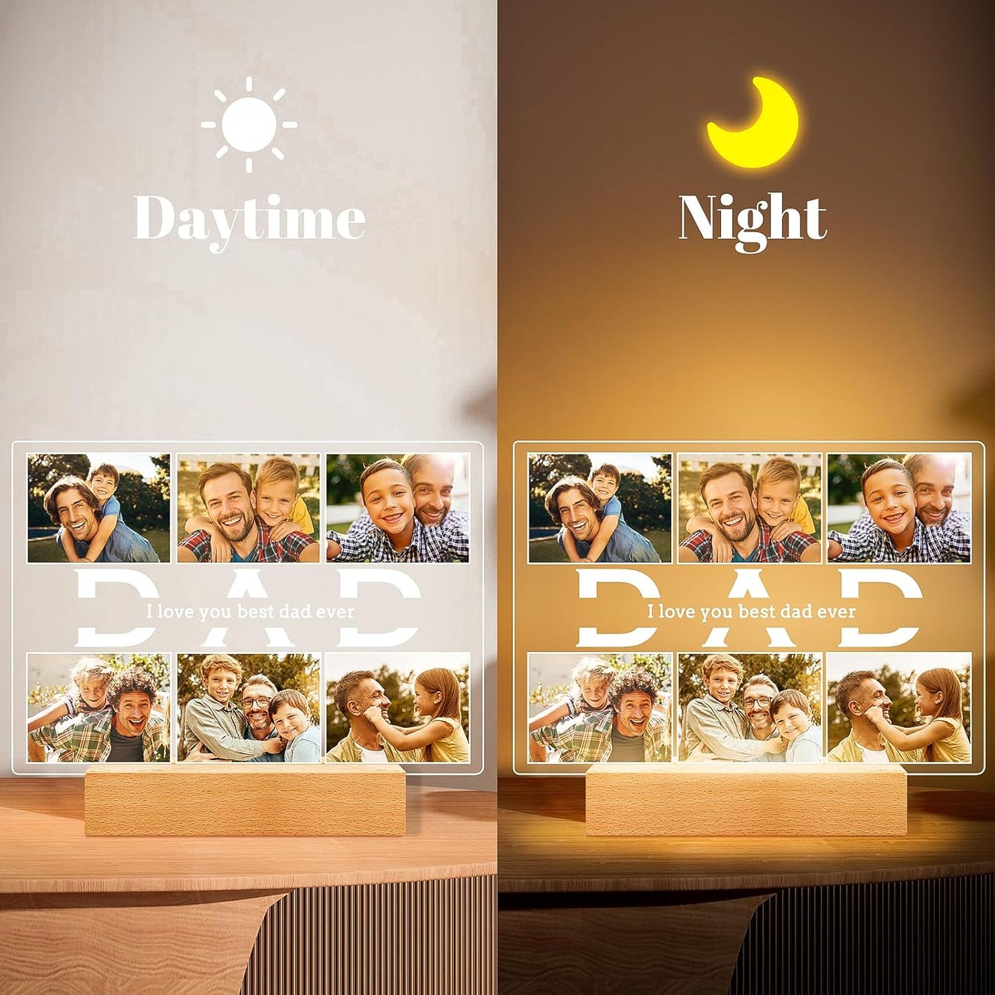 Personalized Birthday Gifts for Dad from Daughter Son, Custom Picture Frames with Photos, Customized Photo Frame with Night Light, Personalized Photo Gifts for Dad Baby Kid Family