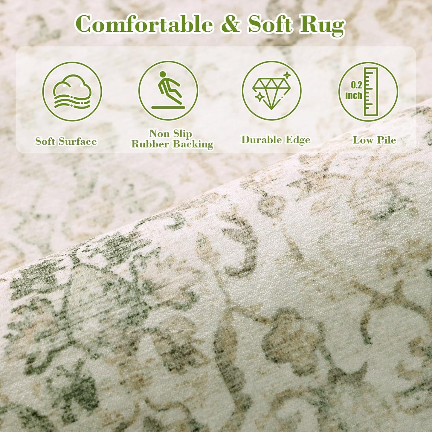 Green 2x6 Runner Rug for Hallways Bed Side Kitchen, Boho Washable Distressed Low-Pile Floor Entryway Long Bathroom Mat, Non-Slip Laundry Room Washstand Front Carpet Green 24x72 Inch