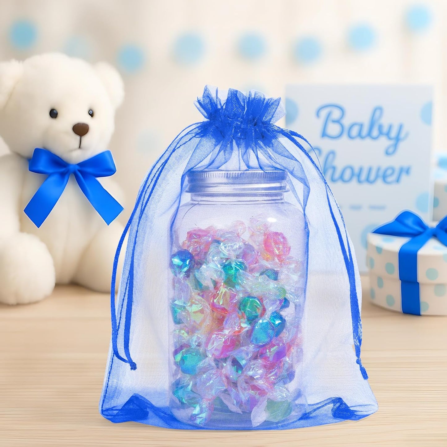 ANZNKU 50 Pack Organza Bags 6x9 Inch, Mesh Bag Drawstring Jewelry Pouches, Large Organza Gift Bags for Baby Shower, Party Favors(Royal Blue)